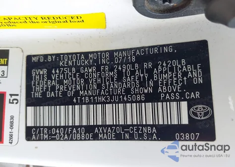 2018 Toyota Camry Le from USA, damaged, VIN 4T1B11HK3JU145086